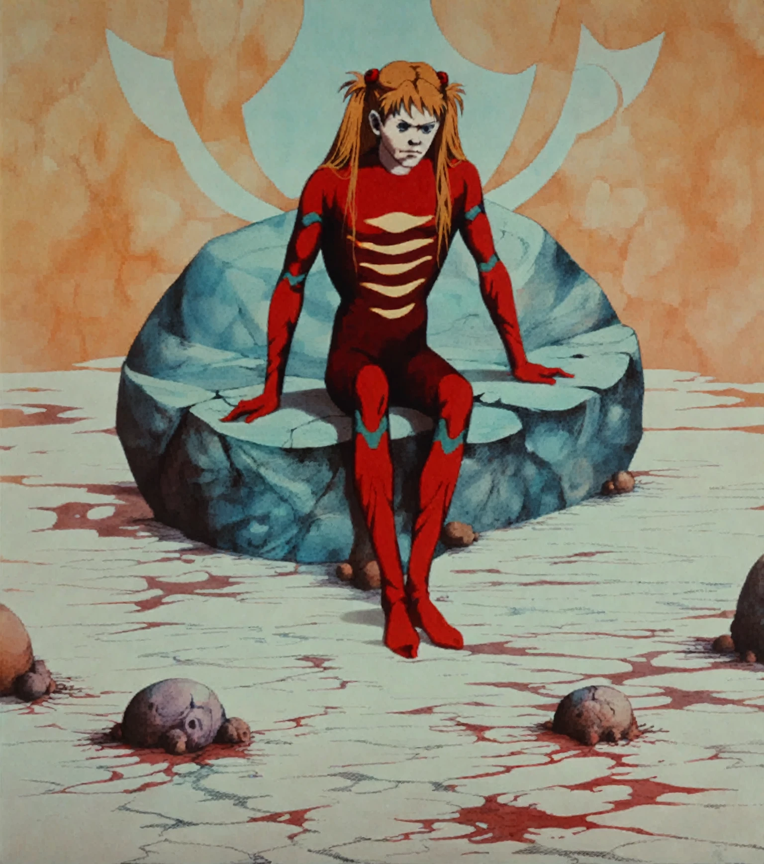 <lora:fantaplanet_pony_v1:1> a frame from "fantastic planet \(1973\)", surreal,abstract,the frame shows (askuka langley soryu:1.1) in a red bodysuit sitting on a rock,orange hair, score_9, score_6_up, score_7_up