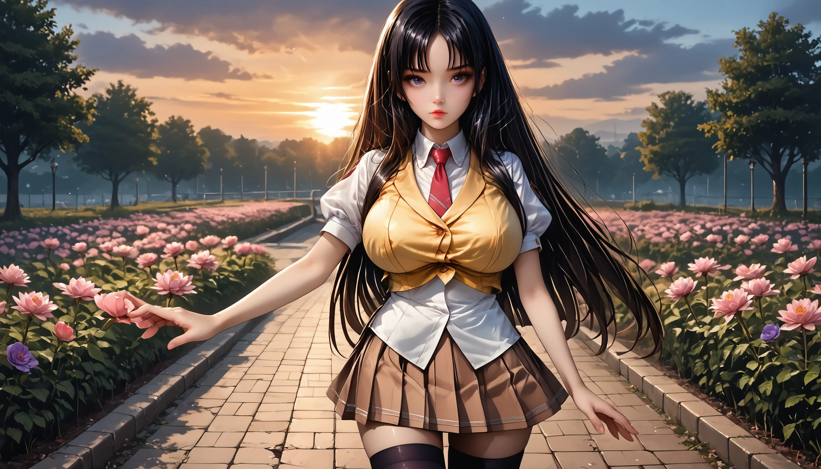 Score_PnyReal,BREAK,1girl, solo,(huge breasts,large breasts:1.2),long eyelashes, detailed hands, detailed fingers, holding a book, 3nah1me, 1girl, solo, thighhighs, long hair, black hair, skirt, zettai ryouiki, necktie, school uniform, Within a shimmering sanctuary, a garden of dreams materializes, its iridescent blooms and shimmering petals a vision of pure fantasy, spill light, sunrise/sunset, Bend, Science Fiction (dark matter:1.25),black theme, dark background,(zPDXL2:1.5), , <lora:e70bd788-b3b8-423c-a607-07afe99d664f:1.0>, <lora:584554b1-5638-4ae3-a13c-f32e986cc10d:0.7>