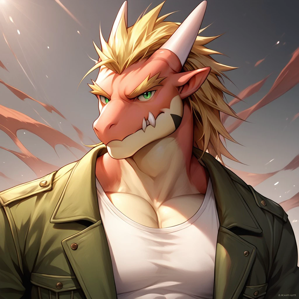 score_9, score_8_up, score_7_up, detailed background, photorealistic <lora:Delga:1.0>, delga, 1boy, solo, blonde hair, green eyes, tattoo, open jacket, white tank top, muscular, muscular anthro, bara