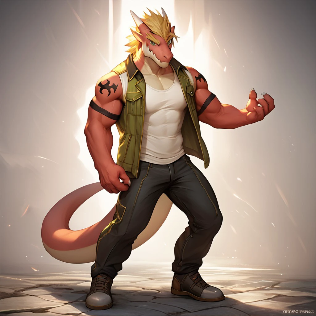 score_9, score_8_up, score_7_up, detailed background, photorealistic <lora:Delga:1.0>, delga, 1boy, solo, blonde hair, green eyes, tattoo, open jacket, white tank top, muscular, muscular anthro, standing, full body, bara