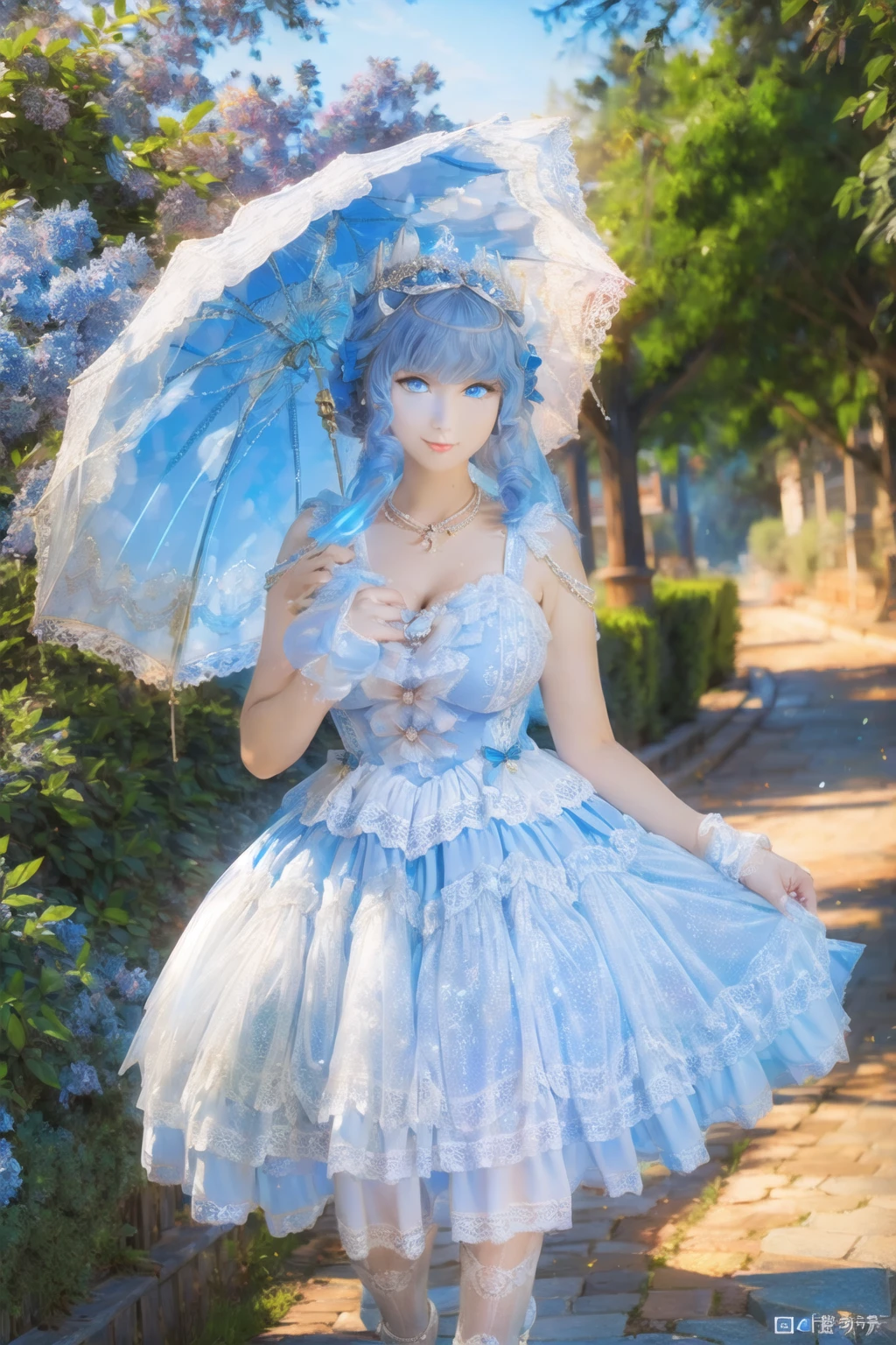 (masterpiece, best quality:1.2),illustration,8k,hd,1 girl,depth of field,bswq,dress,white dress,blue dress,umbrella,jewelry,necklace,pantyhose,bow,lace,lace trim,lace-trimmed dress,sleeveless dress,((cleavage)),big breasts,(outdoors:1.3),(glowing blue eyes:1.3),