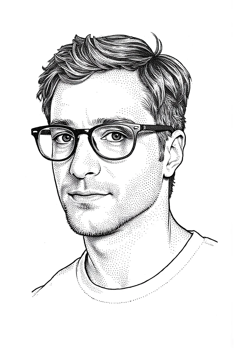 a black and white drawing of a man wearing glasses