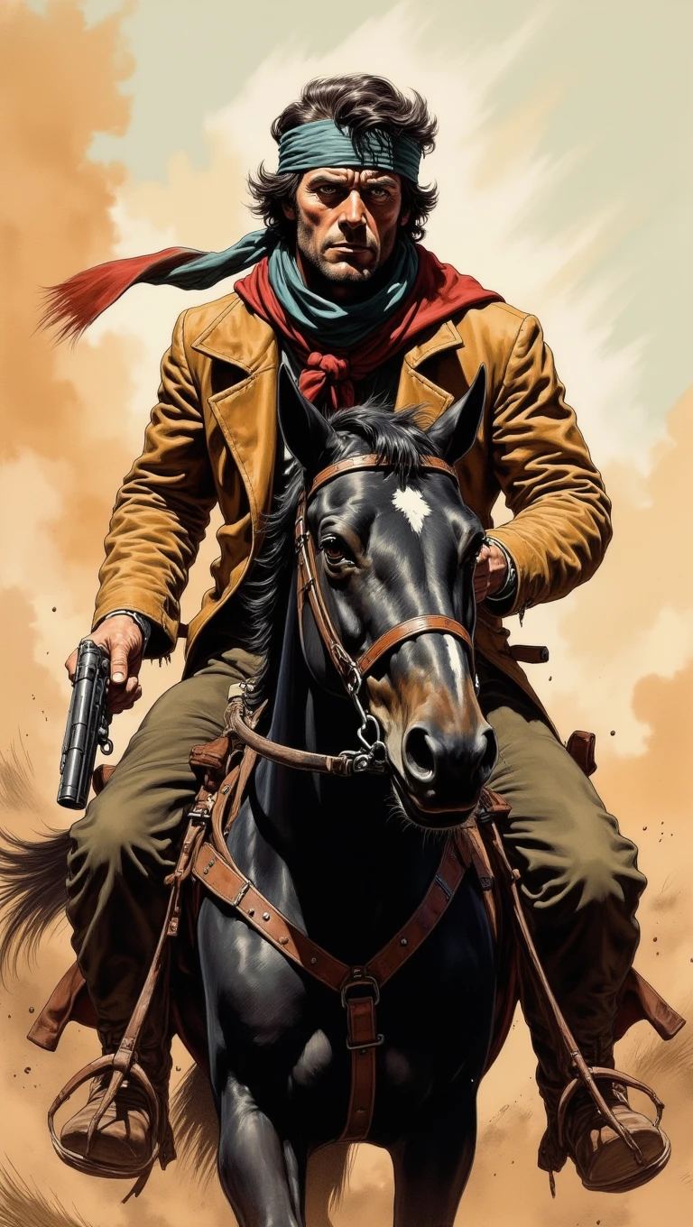 A hardened outlaw with a bandana covering his face rides through a dusty desert on a black horse. His eyes are sharp and vigilant, scanning the horizon for danger. The wind whips at his tattered coat as he clutches a revolver in one hand
<lora:Adventure_Comic_Book:0.8>