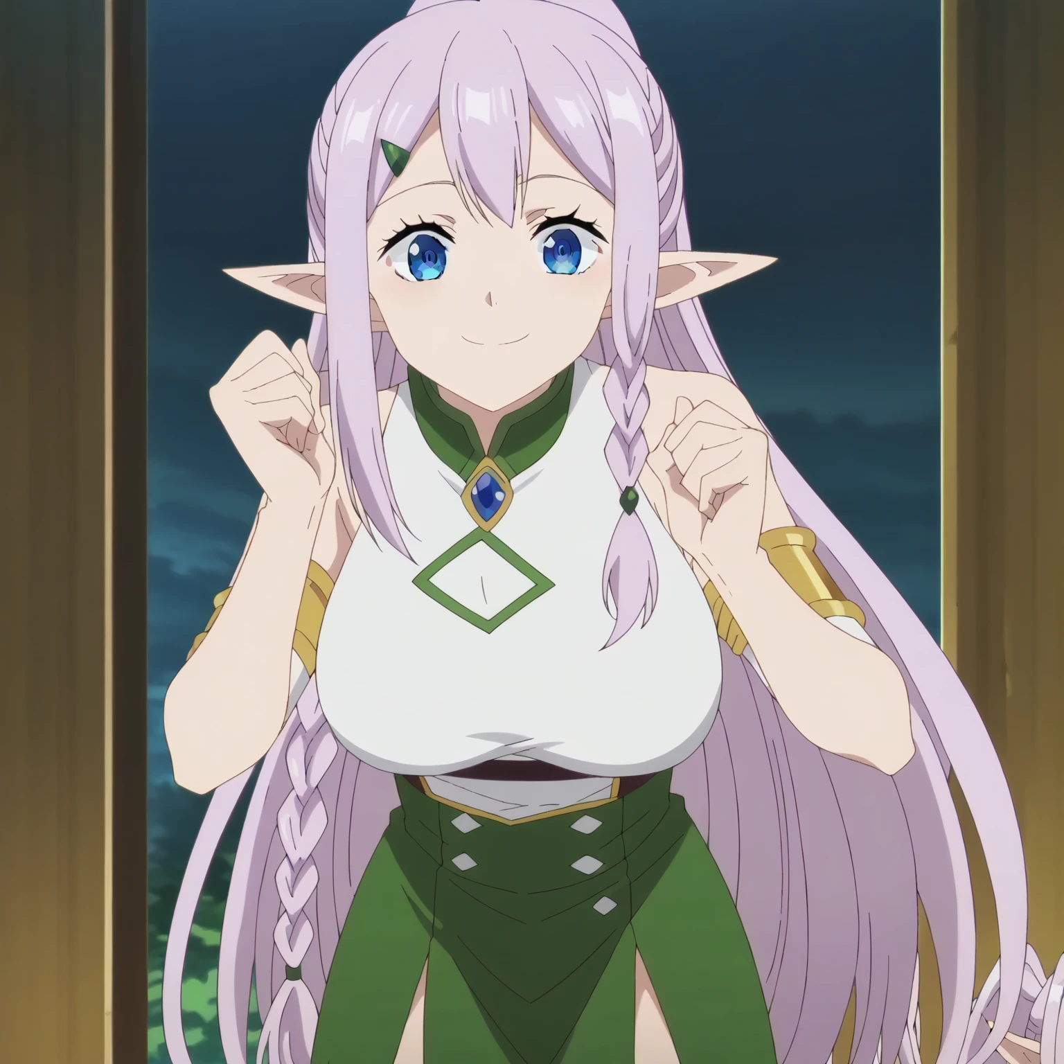 ria, 1girl, long hair, blue eyes, smile, hair ornament, very long hair, light purple hair, ponytail, braid, pointy ears, hairclip, elf, side braid, green skirt, large breasts, leaning forward, from below, anime screencap, anime coloring, anime screencap <lora:farming-isekai-ria-s1-ponyxl-lora-nochekaiser:1>