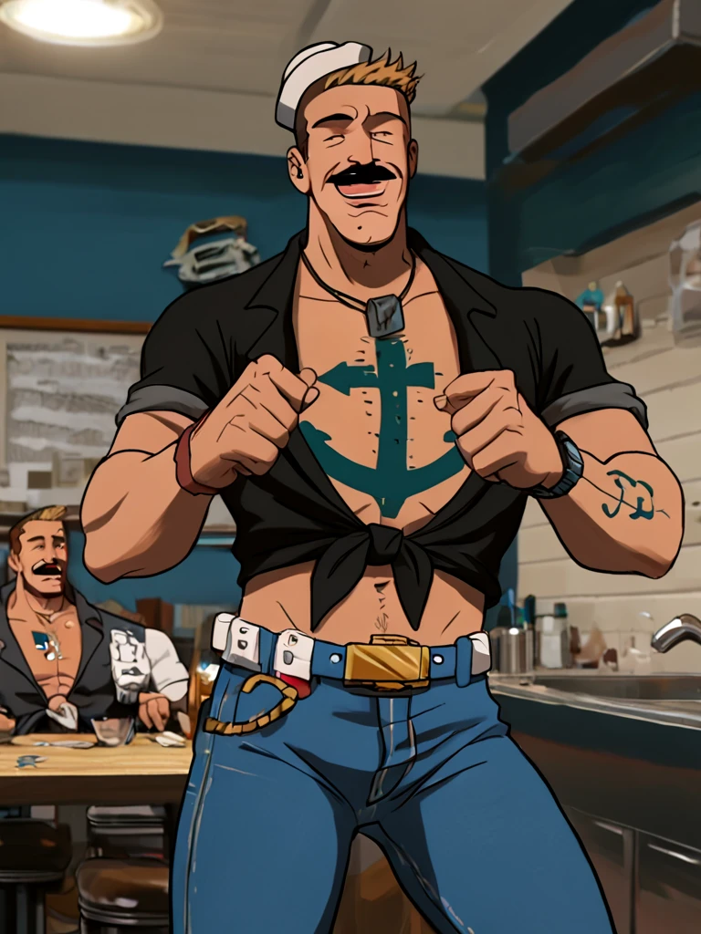 <lora:Shore_Leave PONY:0.8> 1boy, short hair, brown hair with blond-tips, muscular, white sailor hat, black eyes, facial hair, mustache, tattoo, anchor tattoo on chest, tied shirt, black shirt, jeans, laughing, indoors, gay_bar,, source_cartoon, score_9, score_8_up, score_7_up,