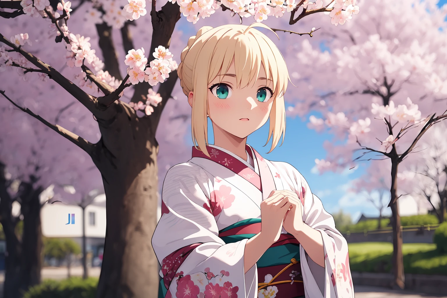 (RAW photo, best quality), masterpiece, 1girl,  natural lighting
 <lora:saber_atoria_v1_2-000006:1>, artoria,
under a cherry blossom tree, beautiful kimono, spring,