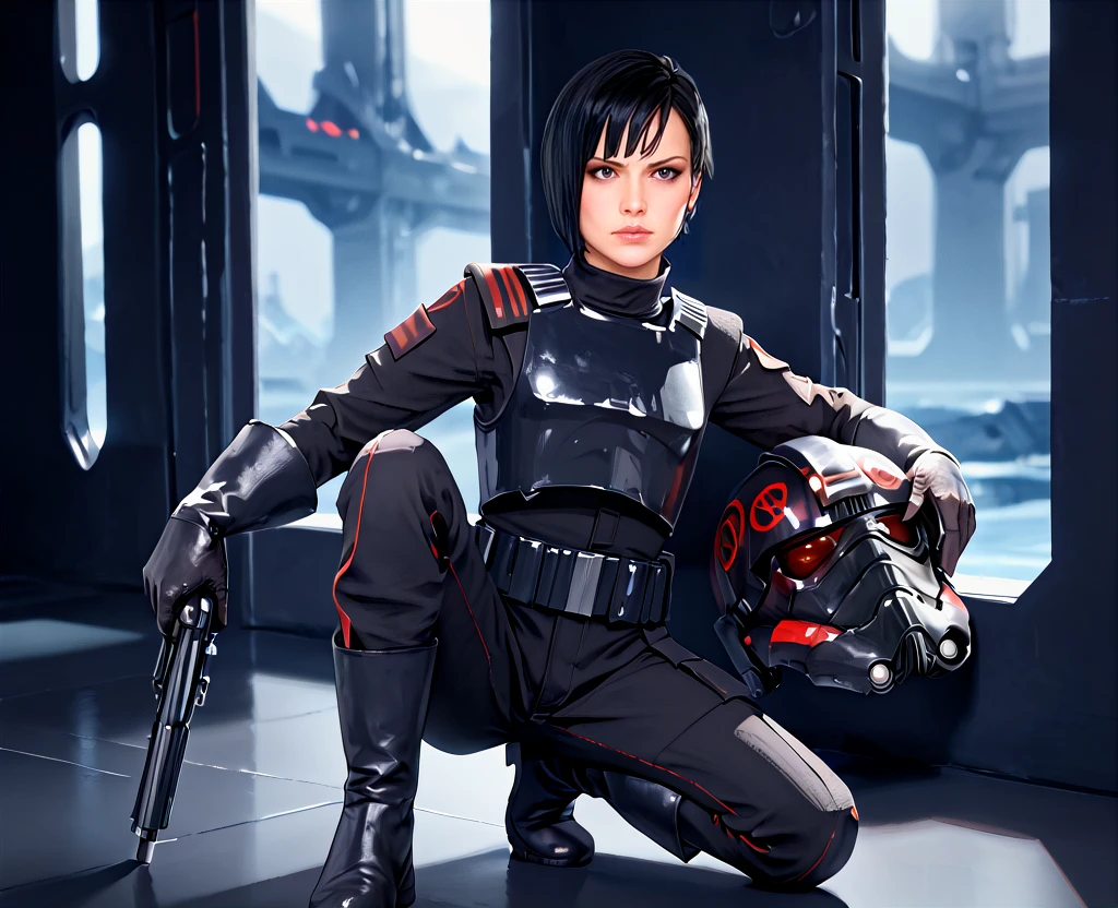 (score_9, score_8_up, score_7_up, score_6_up),  <lora:Seyn_Marana:1> seyn marana, star wars, 1girl, solo, helmet, gloves, science fiction, black hair, weapon, short hair, uniform, boots, armor, black gloves, realistic