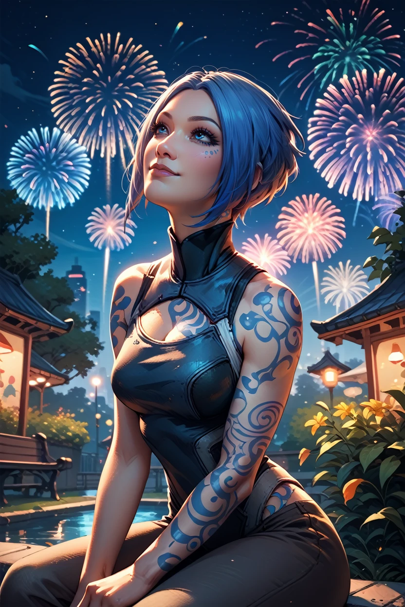 score_9, score_8_up, score_7_up, score_6_up
<lora:BLMaya:1.0>
BLMaya, 1girl, blue hair, short hair, blue eyes, tattoo, sitting, at night, fireworks, park, looking up, smile