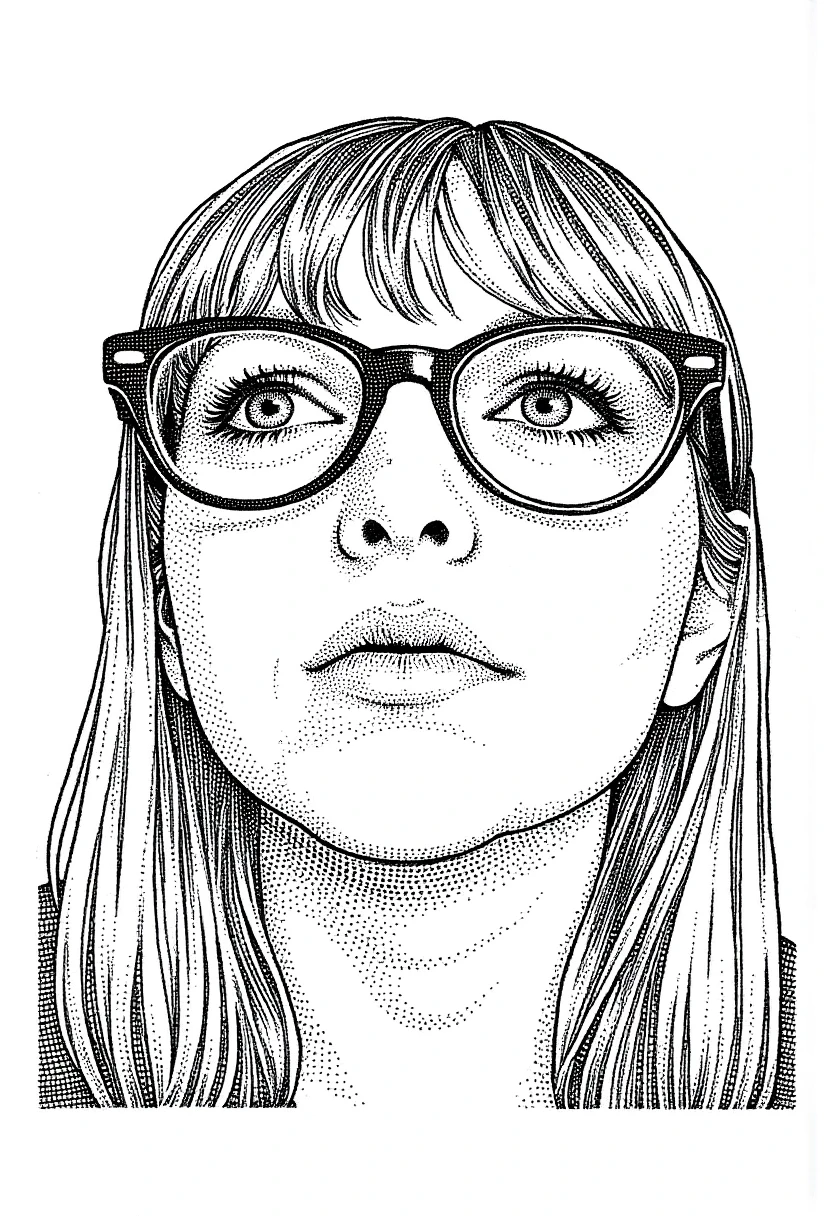 a black and white drawing of a woman wearing glasses