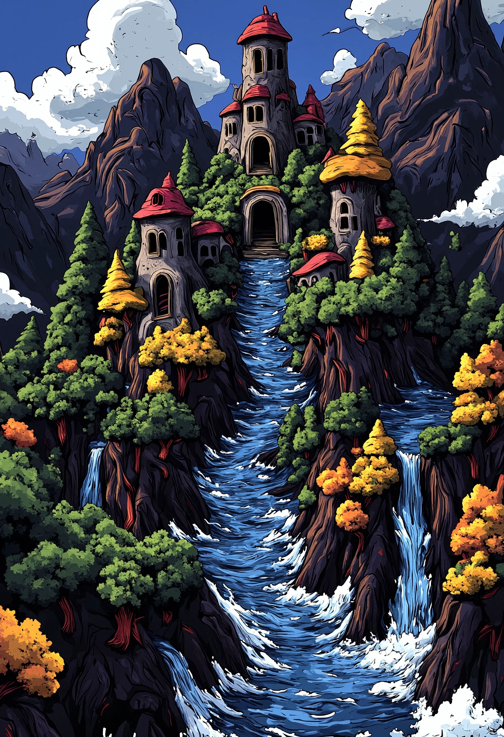 pst003,The ancient elven kingdom of Hilara, high in the mountains, rivers and water falls run through and under the city and flow out over the edge, forests everywhere, seen from a birds eye view