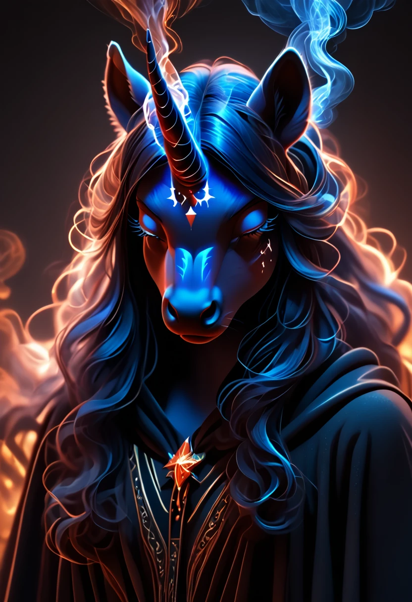 1girl, solo, closed mouth, blue hair, closed eyes, horns, no humans, glowing, portrait, single horn, forehead mark, unicorn, sparkle, dark theme, glowing horns, long hair, animal ears, eyelashes, horse ears, furry, furry female, dark cloak, black hood, witchcraft, dark magic, smoke, contrast, red aura, glowing eyes, <lora:Best_of_Pony_v10_Dark_Aesthetic:1>, best_of