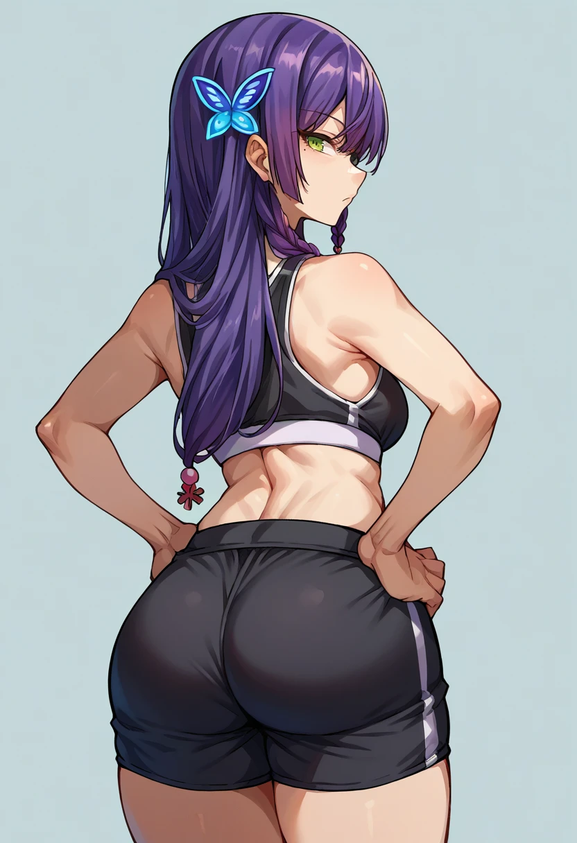 Hoshino Ai, long hair, purple hair, streaked hair ,purple eyes, star-shaped pupils, hair ornament, BrolyCuloMeme
squatting, ass, muscular