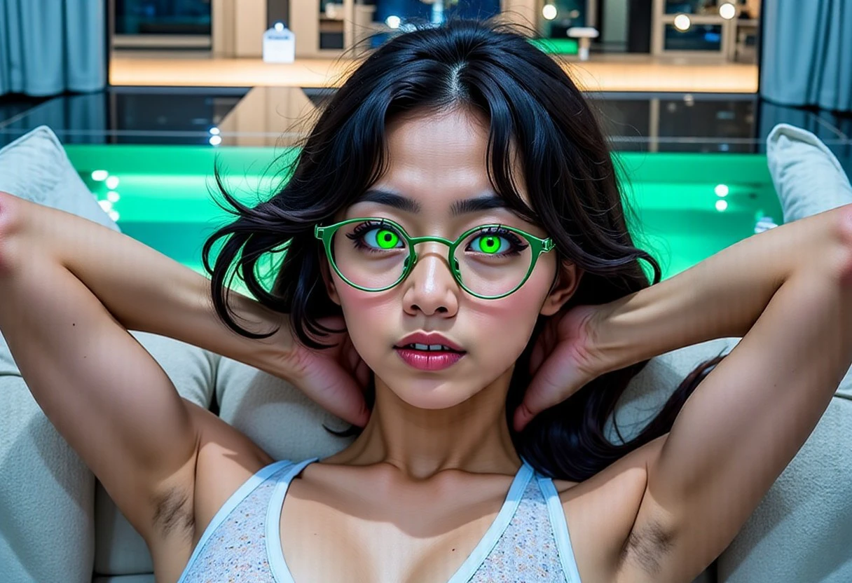 (masterpiece), best quality, expressive eyes, perfect face, slightly thick thighs, beautiful long black hair, petite figure with slightly thick thighs, short, wearing green-rimmed glasses, green eyes, 28-year-old Filipina female, looking at viewer with a friendly smile and glowing green eyes, lying on her back on a couch in an upscale futuristic penthouse at night, Lying on her back, Viewed from above, Hands behind her head, glowing green eyes