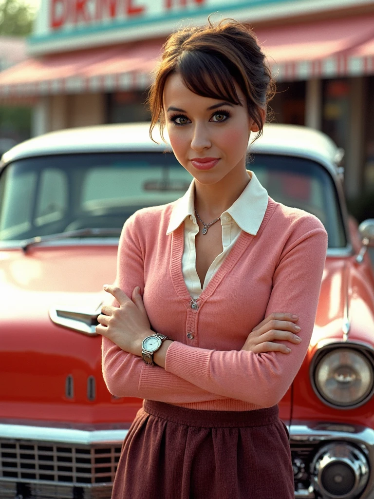 14c3ych4b3rt leaning on a car from the 1950's, brown hair, ponytail, brown eyes, heart locket around neck, smile, outside 1950's drive in restaurant, standing in the parking lot, 1950's style cars in the background, pink cardigan over a white collared shirt, poodle skirt,