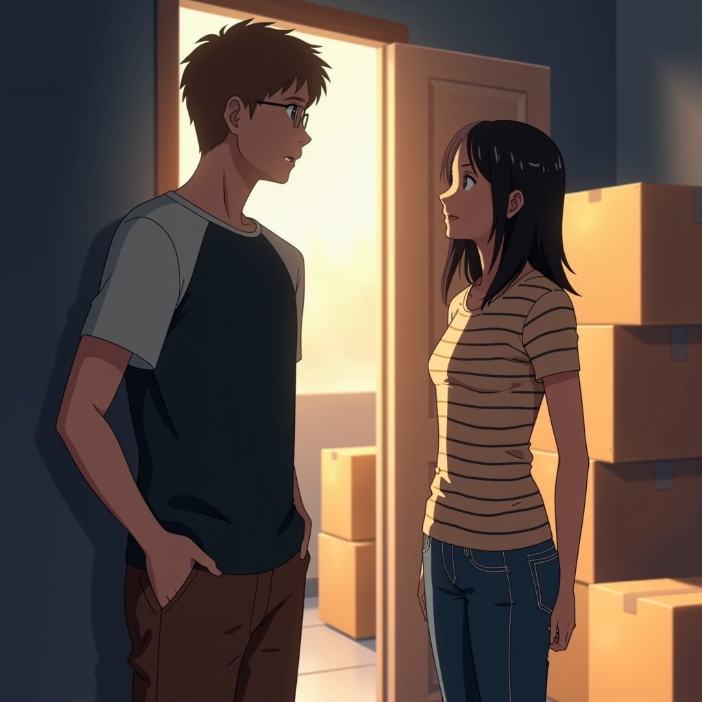 retro_anime, a man and a woman standing in a dimly lit room, engaging in what appears to be a serious conversation. The man, on the left, has short brown hair and is wearing glasses. He is dressed casually in a dark shirt with lighter sleeves and brown pants. His posture is relaxed but his expression hints at focus or thoughtfulness as he looks down at the woman. He has one hand on his hip, indicating a casual yet possibly important discussion.
The woman, standing opposite him, has long dark hair and is dressed in a striped beige top with jeans. She faces him directly, her posture upright, suggesting that she is listening attentively. The lighting from the open door behind her casts soft shadows on her figure, giving the scene a warm, contemplative tone. Sunlight streams into the room from the door, highlighting the contrast between the dimly lit interior and the brightness outside.
In the background, several cardboard boxes are stacked up, indicating that the room may be part of a move or unpacking process. The subtle tension between the characters, paired with the boxed surroundings, gives the sense that they might be discussing something significant in relation to their living situation. The overall atmosphere is one of quiet, reflective conversation, framed by the soft, natural lighting and calm interior setting.