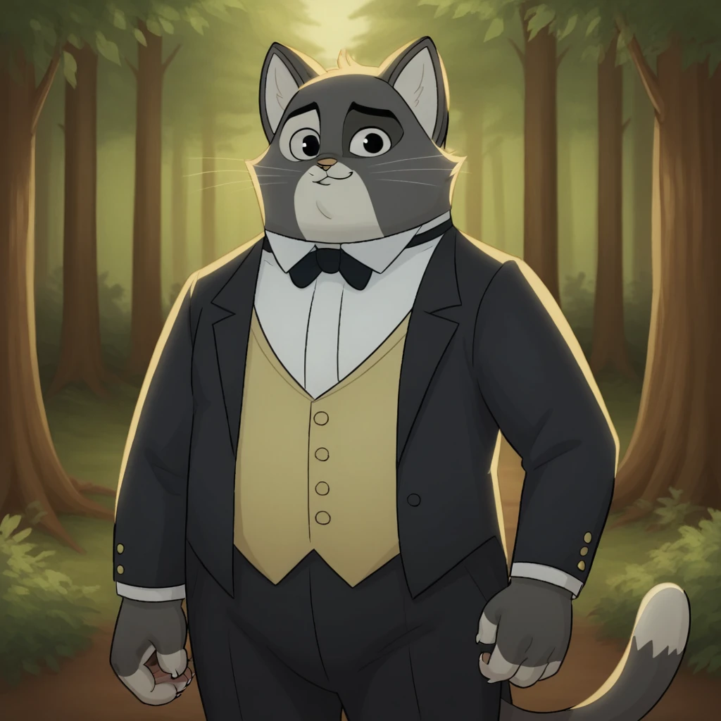 score_9_up, score_8_up, BREAK, HoratioBruno, 1boy, solo, furry, cat ears, black eyes, vest, formal, black suit, black bowtie, cowboy shot,  <lora:HoratioBruno_PXL_Leaf1:0.8>, looking at viewer, forest,