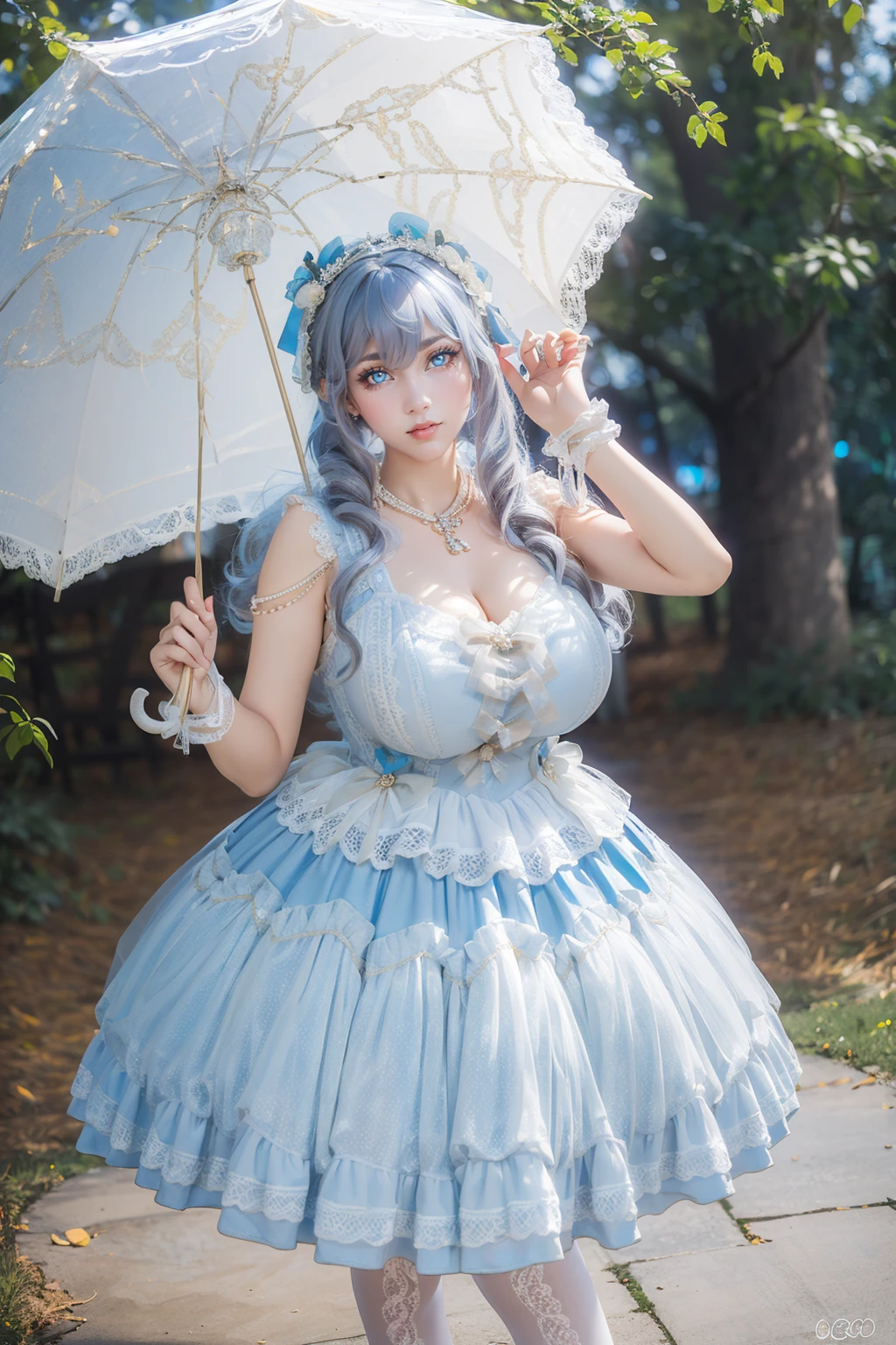 (masterpiece, best quality:1.2),illustration,8k,hd,1 girl,depth of field,bswq,dress,white dress,blue dress,umbrella,jewelry,necklace,pantyhose,bow,lace,lace trim,lace-trimmed dress,sleeveless dress,((cleavage)),big breasts,(outdoors:1.3),(glowing blue eyes:1.3),