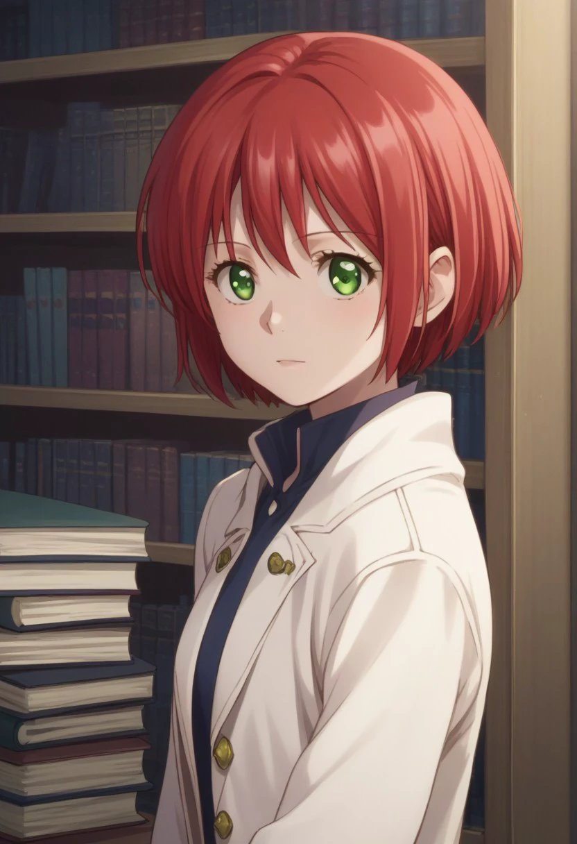 score_9, score_8_up, score_7_up, source_anime, highly detailed, 
shirayuki, 1girl, solo, red hair, green eyes, short hair, coat, white coat, upper body,
indoor, books, library,