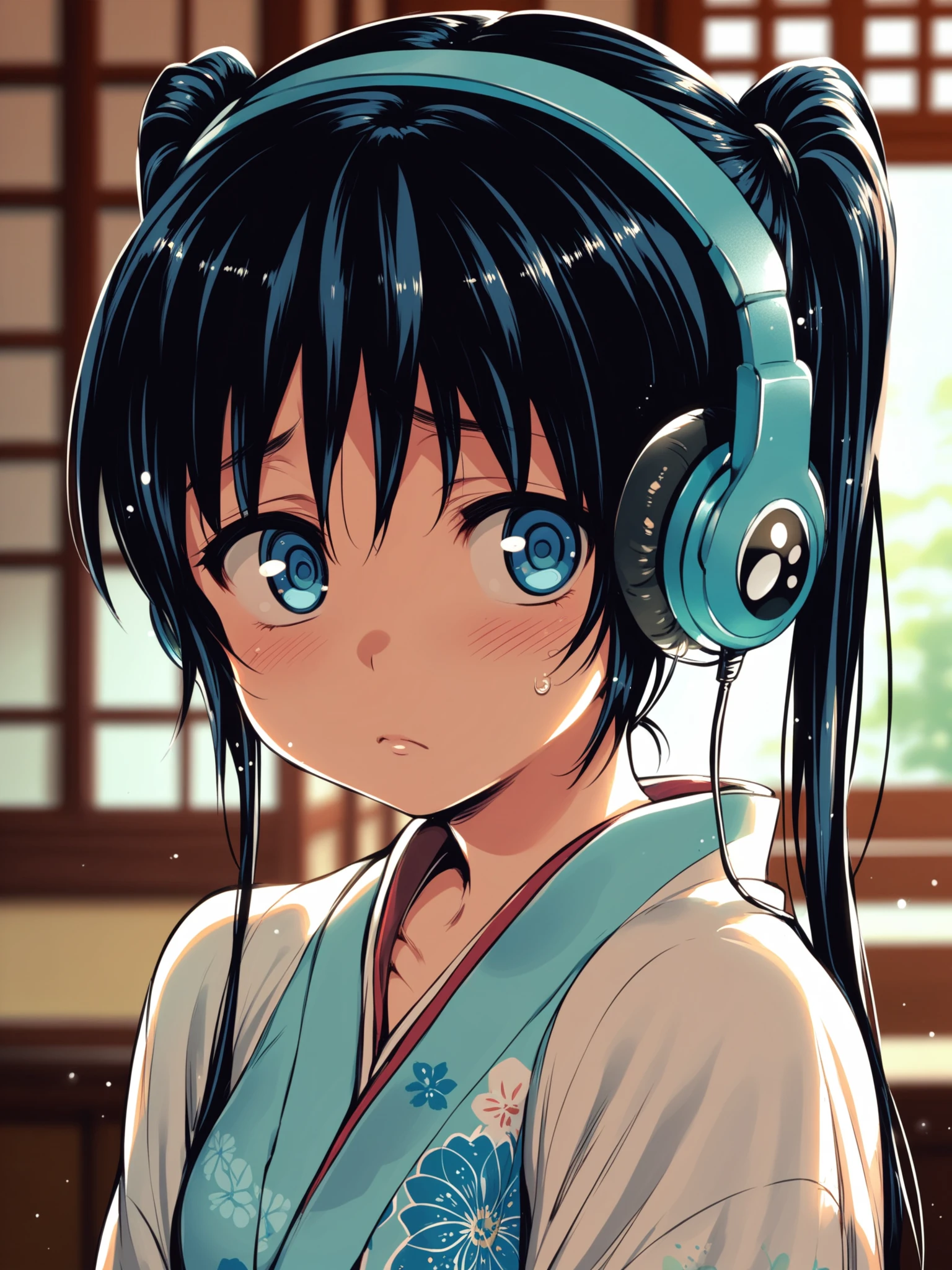 <lora:happy_tentacle-mayu-v0.1-000033:0.9>, ht_mayu, headphones, black hair, blue eyes, kimono, indoors , 1girl, solo, upper body , , ( flustered :1.2), , looking at viewer , standing , facing viewer , score_9, score_8_up, score_7_up, score_6_up, score_5_up, score_4_up