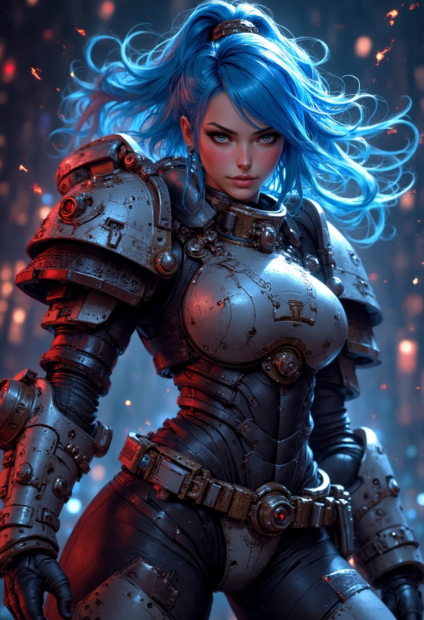 Female Space Marine with blue hair with a dark background, red enbers 