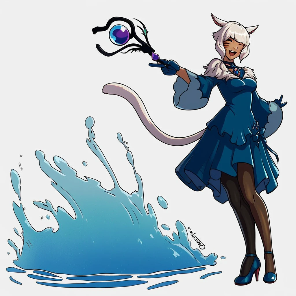 Yshtola Rhul, 1girl, solo, looking at viewer, smile, short hair, open mouth, simple background, gloves, white background, dress, holding, animal ears, jewelry, medium breasts, tail, full body, white hair, pantyhose, one eye closed, cat ears, dark skin, wide sleeves, water, high heels, dark-skinned female, cat tail, v, tattoo, blue dress, facial mark, staff, holding staff, wand, whisker markings, miqo'te, holding wand, hydrokinesis