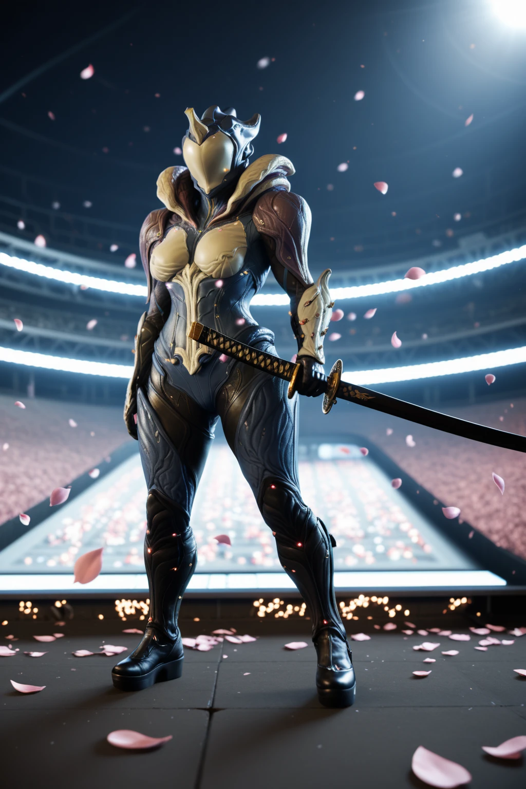 ((high-Angle Shot)),<lora:Saryn_-_Warframe_-_project_deal:1>saryn \(warframe\), female, alien, helmet, ((single-handed katana grip, character wielding katana with one arm)), score_9, score_8_up, score_7_up, BREAK .
((Dynamic portrait, dramatic lighting)), Heroic upshot, comic book style.
visible katana, holding sword, perfect sword, perfect katana, holding_katana.
Lift platform, Rising platform.
solo.
coliseum, colosseum, arena, stadium, battlefield, preparation.
trailing light.
petals.
Biomechanical, Dynamic, glossy, Futuristic