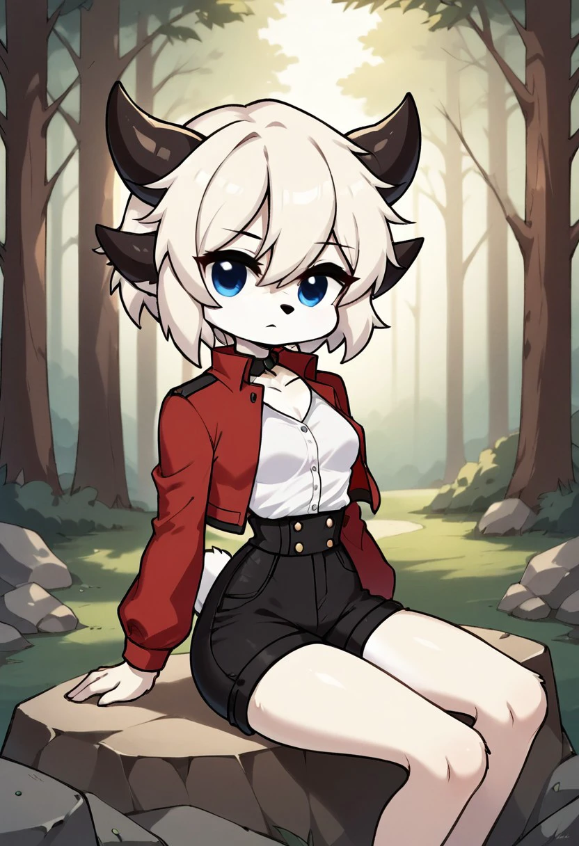 score_9, score_8_up, score_7_up, masterpiece, best quality, forest, Evening, (very beautiful eyes, small thighs, thin waist, small breasts), 1girl, RitaOC, White hair, blue eyes, short hair, furry female, horns, black furry ears, bunny tail,, Chibi, Red jacket, shorts, white shirt, rock, Sitting, Serious expression, Standing