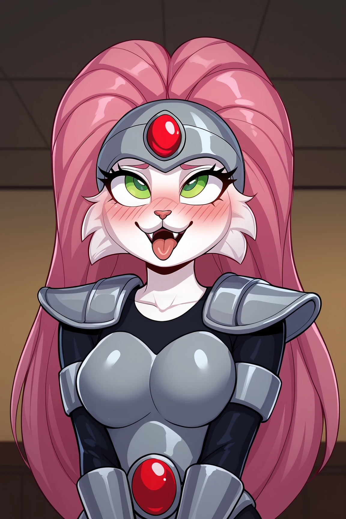 score_9, score_8_up, score_7_up, score_6_up, BREAK, JennyBOHXLv2, anthro furry, furry female, white fur, green eyes, pink hair, long hair, cat tail, grey helmet, forehead red jewel, medium breasts, grey armor, red jewel, shoulder armor, breastplate, black bodysuit, armlet, solo, front view, v arms, (portrait, upper body), solo focus, ahegao, rolling eyes, open mouth, tongue out, naughty face, nose blush, indoors <lora:JennyBOHXLv2:0.8>