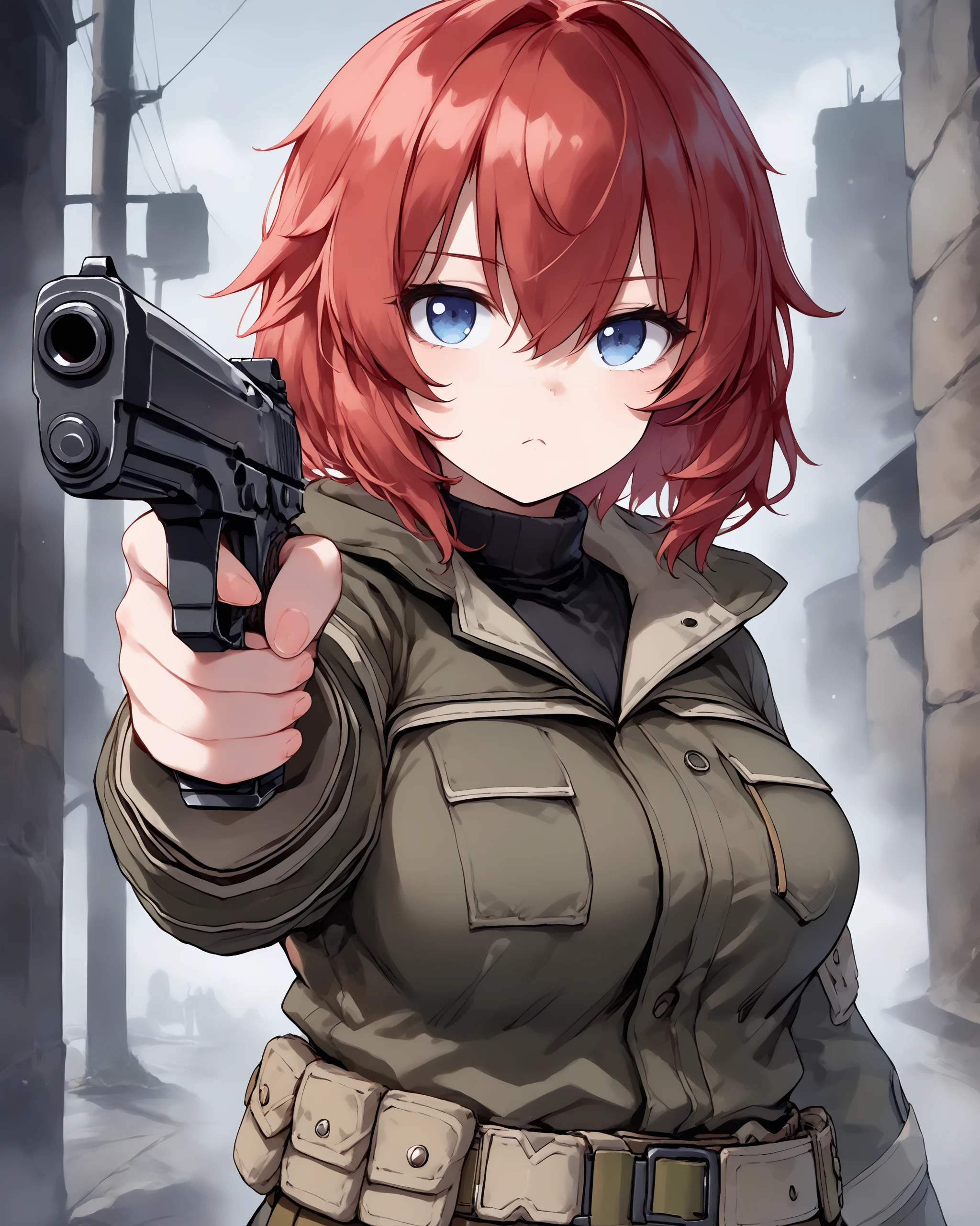 <lora:Ayesha_Drachev_v0.22:0.7> 1girl, solo, ayesha, red hair, short hair, blue eyes, large breasts, olive hoodie jacket, closed jacket, black turtleneck, olive belt, tan belt pouches, <lora:Pony_Weapon_Pistol_-_By_HailoKnight:0.8> aiming pistol towards viewer,  ruined buildings in background,