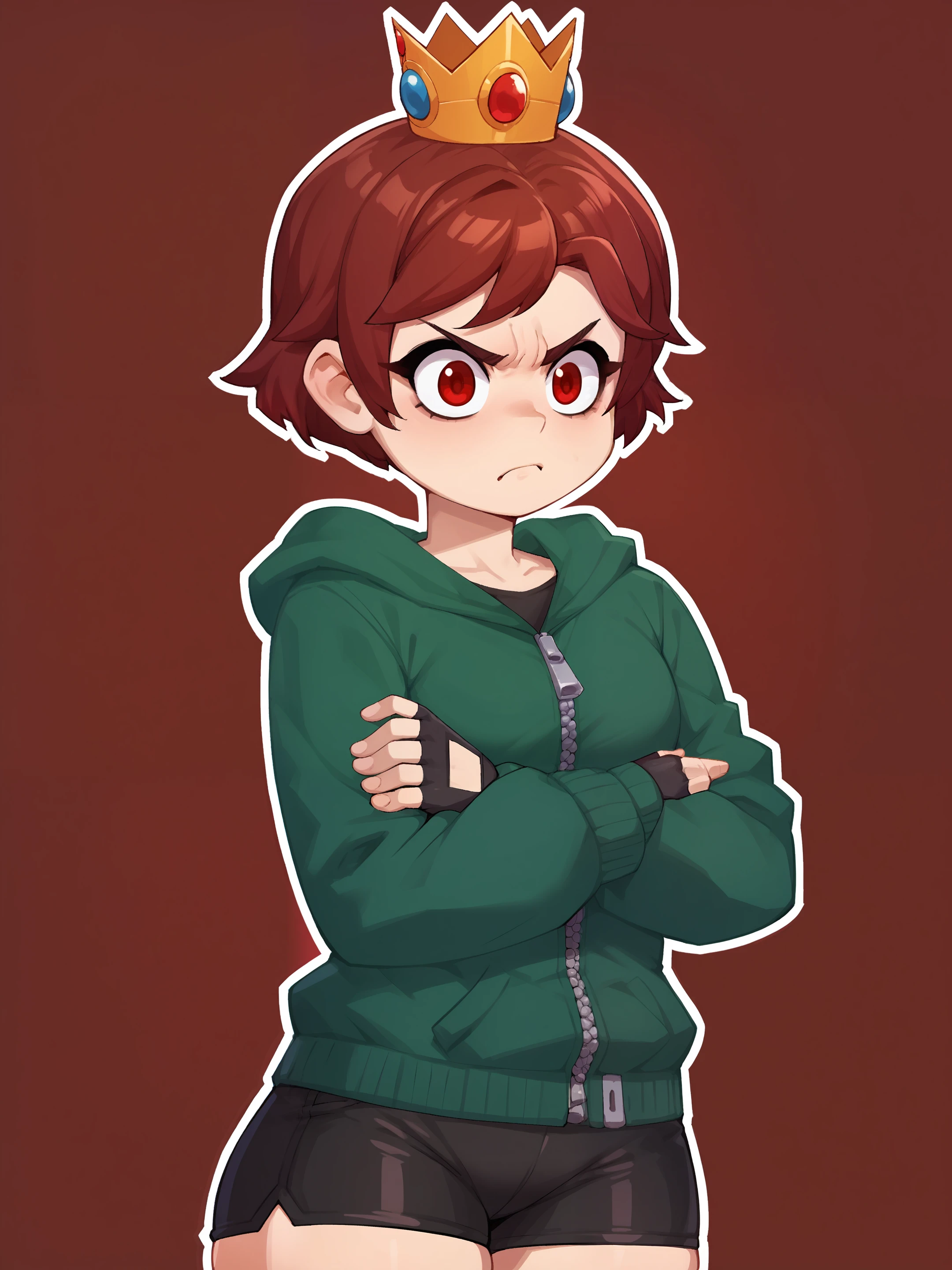 score_9, score_8_up, score_7_up, score_6_up, score_5_up, score_4_up, 1girl, curvy, red eyes, Enti, Short Hair, Red Hair, gloves, shorts, black gloves, fingerless gloves, arms crossed, portrait, crown, black shorts, green hoodie, hoodie, zipper, bike shorts, red background, white outline, angry, <lora:Enti-03:0.8>,  <lora:iwbituXLP:1> iwbitu