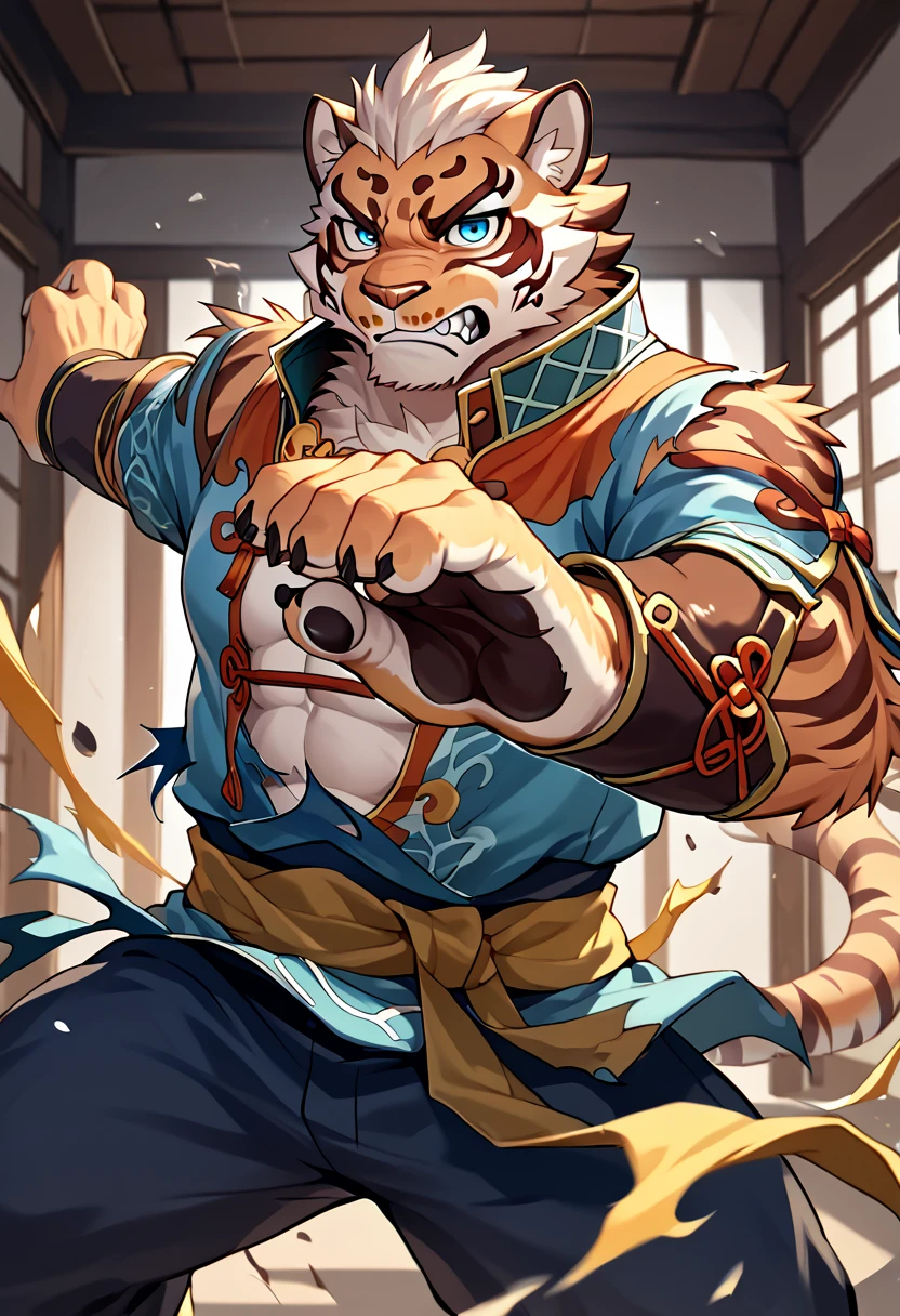 score_9, score_8_up, score_7_up, high quality, hires, solo, lin hu, nekojishi, guardian tiger, furry, muscular, blue eyes, short hair, room, torn clothes, angry, fighting stance, looking at viewer, <lora:Lin_Hu_Nekojishi:1>