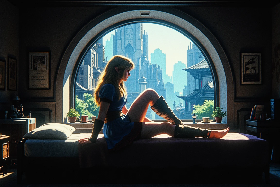 perfect detailed, the princess zelda sitting on a bed by the koukaku window, knee up, look out the wide window, dark, HDR