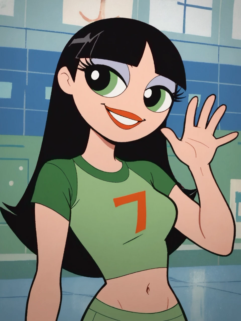 score_9, score_8_up, score_7_up, score_6_up, BREAK, Buttercup, 1girl, solo, black hair, long hair, navel, midriff, green shirt, smile, upper body, raise left hand, waving <lora:Teenercup:1>