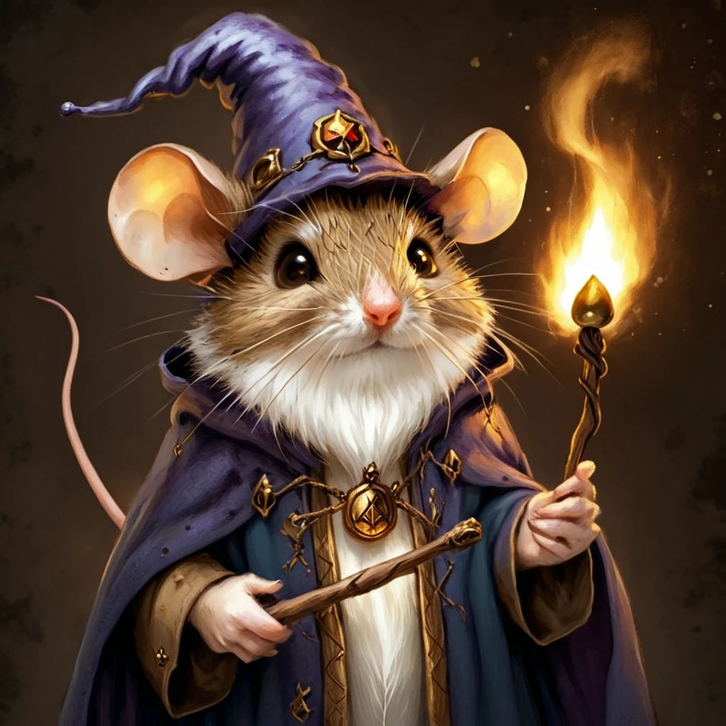 <lora:MazesMiceSDXL:1> MazesAndMice, The image is a digital illustration of a mouse dressed up as a wizard. The mouse is wearing a purple hat with a gold emblem on it and a blue cloak with gold accents. It is holding a wand with a fire burning on it which is also holding a golden orb. The background is dark and there are small white dots scattered around the mouse giving it a magical and whimsical appearance. The overall mood of the image is mysterious and magical., hat, mouse, wizard, witch hat, fire, holding, solo, cape, whiskers, magic