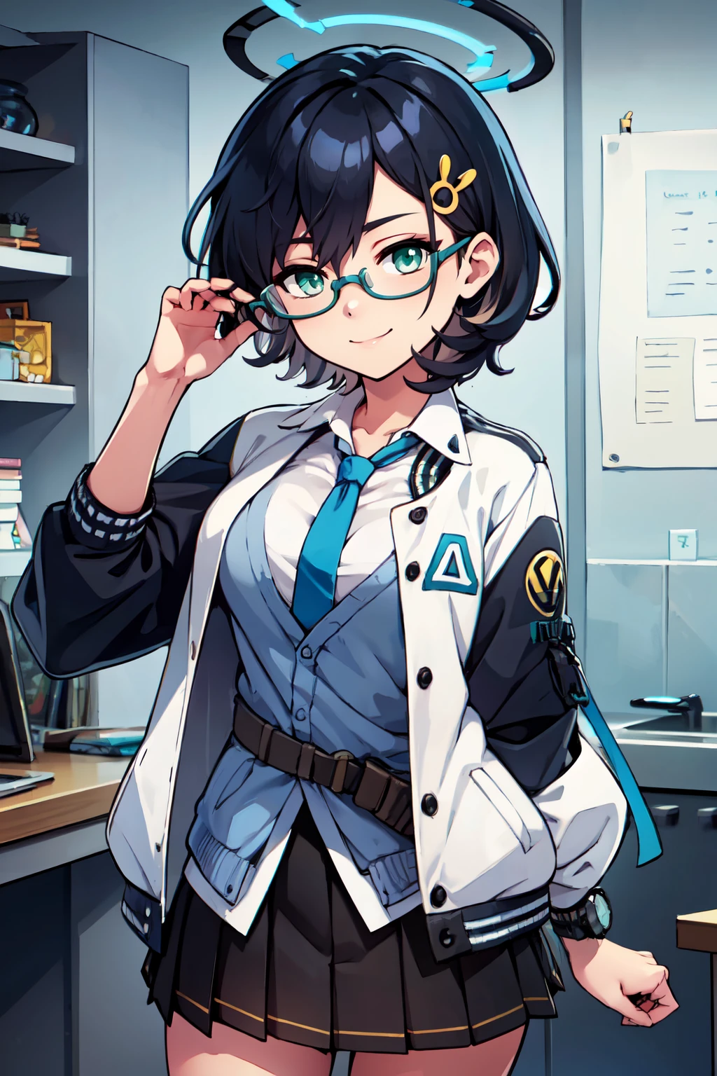 ((masterpiece,best quality)), absurdres,  BREAK, , <lora:Chihiro_BlueArchive_Citron:0.8>, zzChihiro, green eyes, black hair, short hair, glasses, halo, hair ornament blue cardigan, blue necktie, white shirt, black skirt, pleated skirt, wristwatch, open jacket , BREAK, hip to the side, contrapposto, cowboy shot,, BREAK, solo, smile, looking at viewer, cowboy shot,