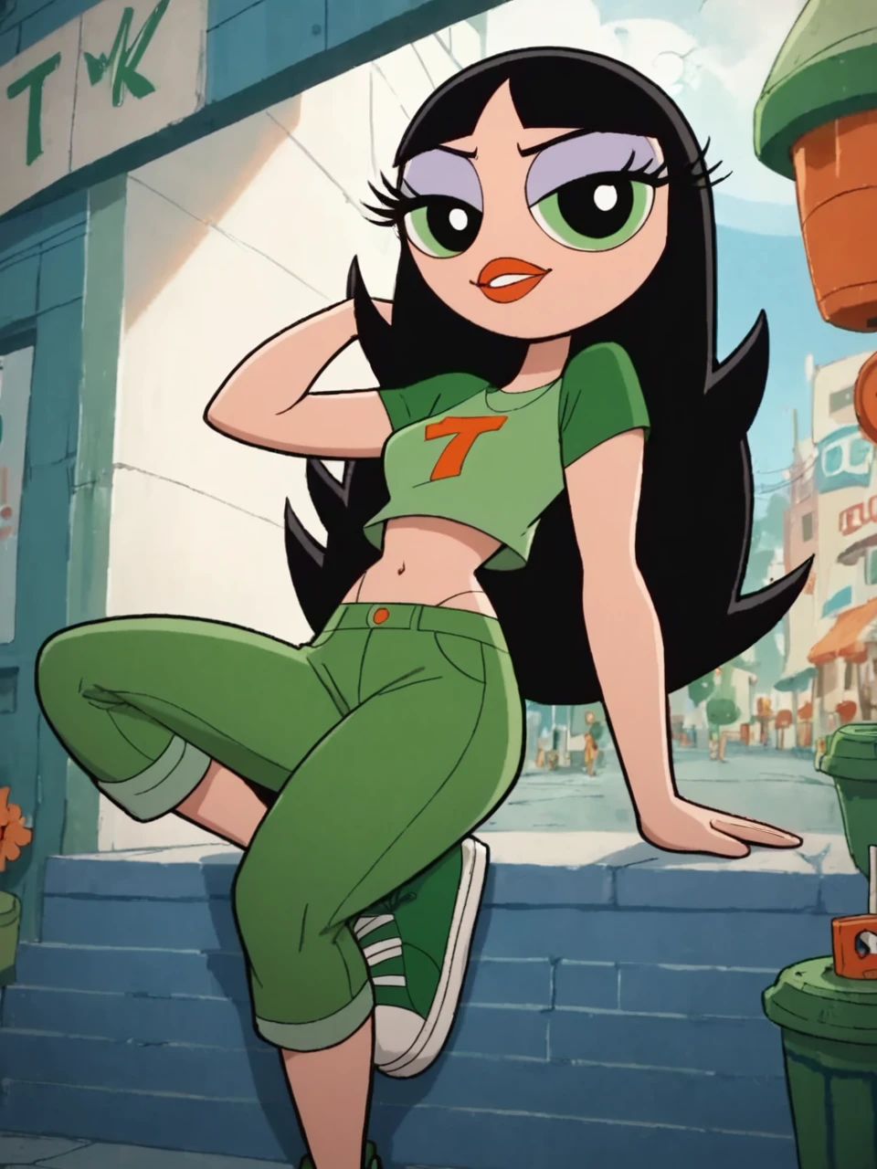 score_9, score_8_up, score_7_up, score_6_up, BREAK, Buttercup, 1girl, solo, black hair, long hair, navel, midriff, green shirt, green footwear, green pants <lora:Teenercup:1>