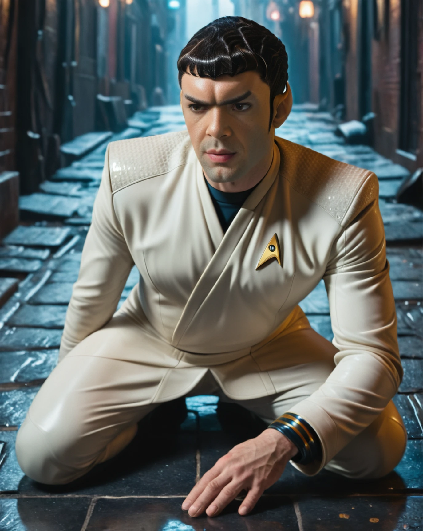 score_9, score_8_up, score_7_up, source_realistic, rating_questionable, mogspock vulcan sitting with both legs stretched out and hands resting on the floor, background is dark alleyway with luminal lighting and a clear stary sky  <lora:mogspock_PDXL_v2-000006:1>