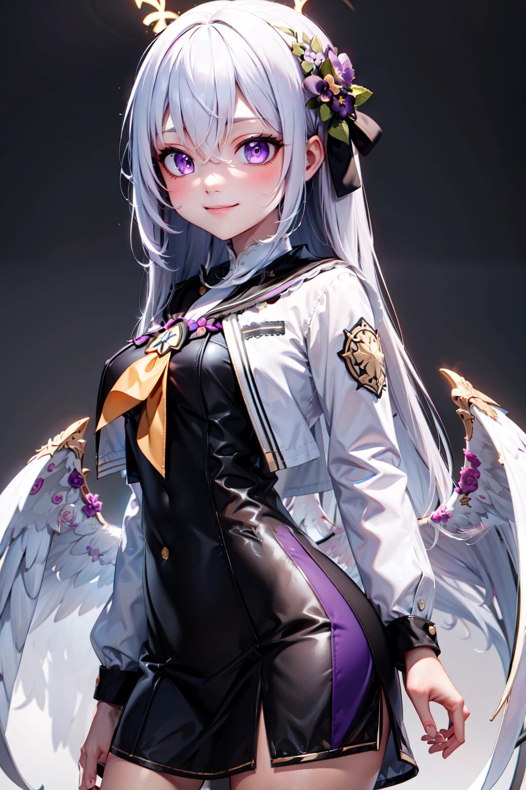 (masterpiece), <lora:Beautiful_CAT_v3:0.8>, best quality, high resolution, highly detailed, perfect lighting,  , <lora:Azusa_BlueArchive_Citron:0.8>, zzAzusa, purple eyes, white hair, long hair, halo, hair ornament black sailor collar, white jacket, black dress ,, upper body , solo, smiling, looking at viewer,, BREAK, side view, hip to the side, contrapposto,