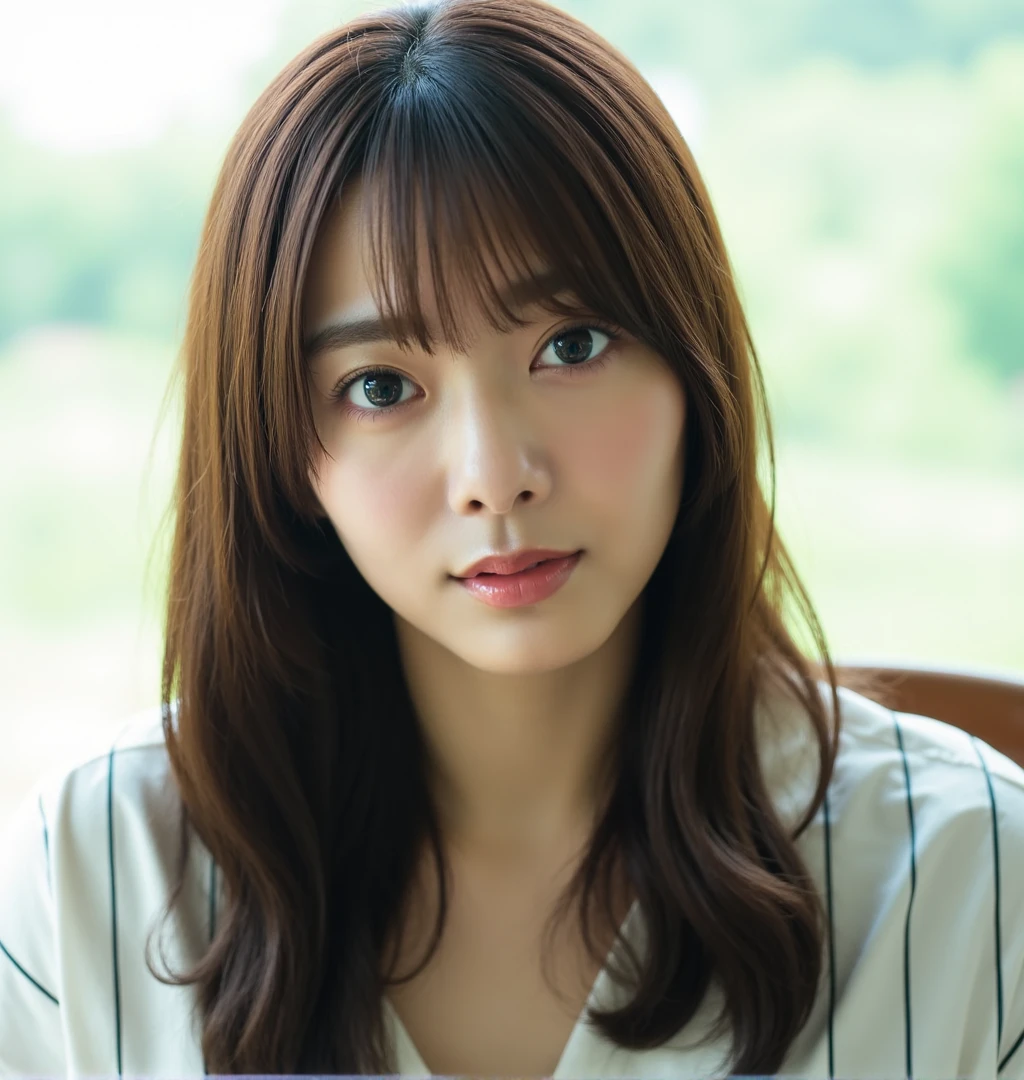 The image is a portrait of a young Asian woman with  brown long hair and bangs. She is looking directly at the camera with a serious expression on her face. She has a slight smile on her lips and is wearing a white blouse with black stripes. The background is blurred, but it appears to be a window with a view of greenery outside. The overall mood of the image is calm and contemplative.