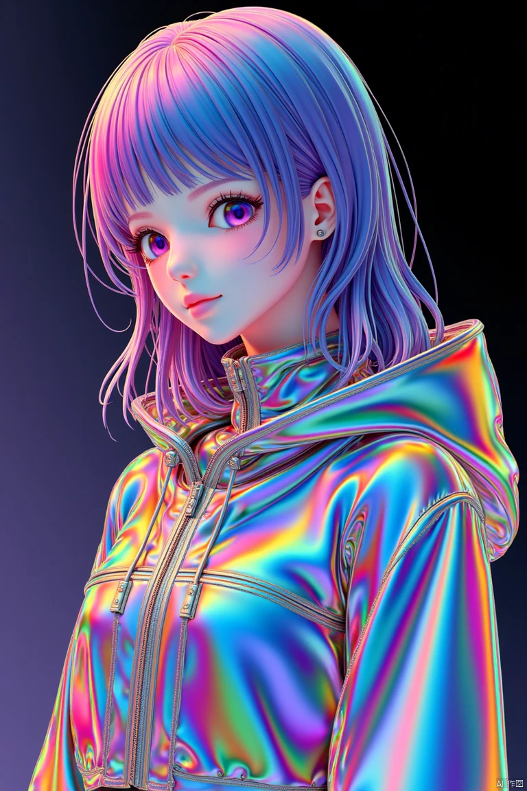 Laser style,transparent color PVC clothing,transparent color vinyl clothing,prismatic,holographic,chromatic aberration,fashion illustration,masterpiece,girl with harajuku fashion,looking at viewer,8k,ultra detailed,pixiv