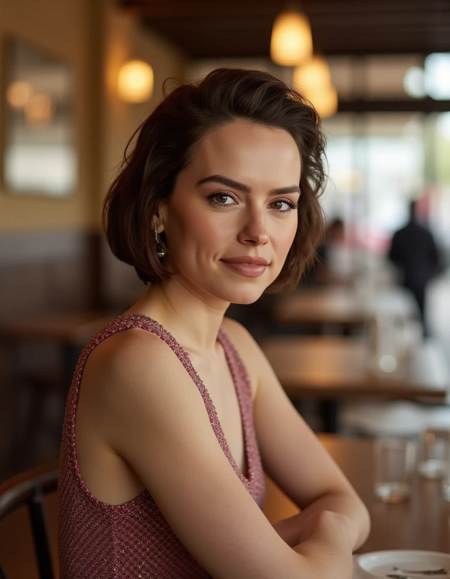 <lora:Daisy_Ridley_Flux:1> realistic photo, very short brown hair slicked back, wearing a dress, in a cafe, looking at the viewer, smiling