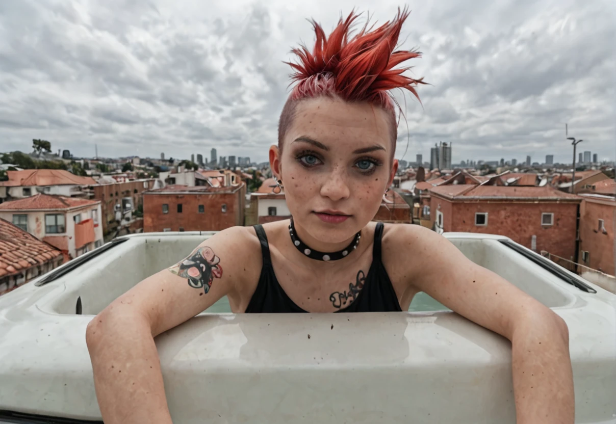 portrait of babie in bath
sitting on roof of car, punk dress
face to viewer