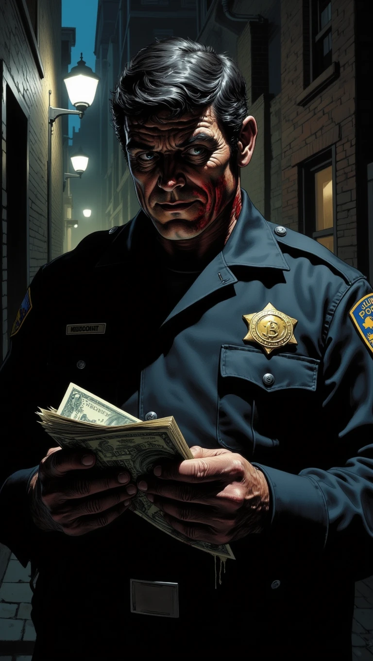 A corrupt police officer in a dark alley, his face partially obscured by shadows. He counts a wad of cash with a smirk on his face, the money stained with blood. His uniform is disheveled, and his badge gleams faintly in the dim light.
<lora:Adventure_Comic_Book:0.8>