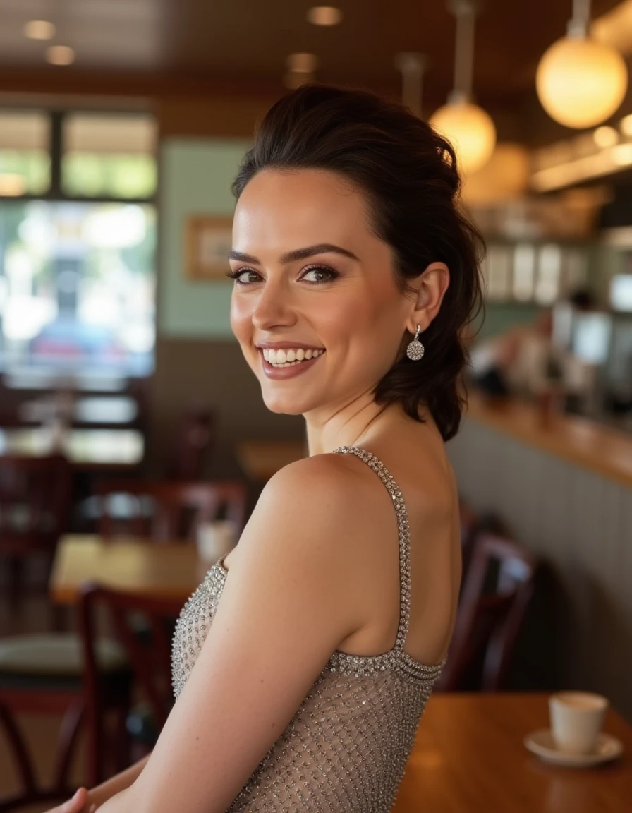<lora:Daisy_Ridley_Flux:1> realistic photo, very short brown hair slicked back, wearing a dress, in a cafe, looking at the viewer, smiling