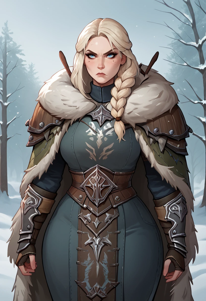 score_9, score_8_up, score_7_up,
1girl, solo, long hair, long hair, platinum blonde hair, pale blue eyes, freckled face, stern expression, hunter, fantasy clothing, thick winter clothing, fur armor, Viking warrior, shieldmaiden, fantasy setting, pear body type, Warhammer fantasy, winter background, thick thighs, wide hips, narrow waist, voluptuous, curvaceous body, outdoors, winter, snow storm, fur cloak, single braid, <lora:PulenKompot-Diablo_Style-v2-PonyXL:1> pk-diablo