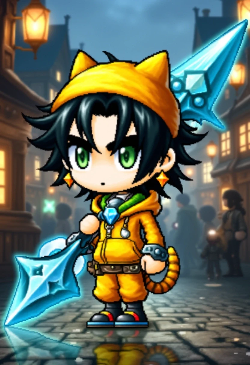 A chibi warrior with wild, tousled black hair and sharp, glowing green eyes, wearing a bright yellow hoodie, matching yellow pants with a playful tail, soft cat-like shoes, and a yellow beanie hat with cat ears. He has yellow triangle shaped earrings. His face shows a confident, calm expression, while he grips an enormous ice-blue spear that shimmers with frosty energy. The spearâs intricate design features runes and swirling frost patterns, hinting at its immense power. The background is a bustling fantasy town square, filled with NPCs and other players, with medieval-style buildings. Floating lanterns light the scene, casting a soft glow around Tiger as he stands with his spear resting on the ground. The cobblestone streets glisten with a recent rain, and his reflection can be seen faintly in the puddles. His outfit contrasts with the muted tones of the town, making him stand out as a formidable, yet approachable figure in this whimsical world.