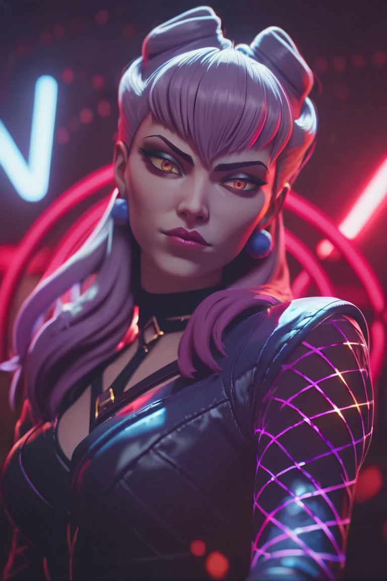 score_9, score_8_up, score_7_up, source_anime, hi res, masterpiece, best quality, highres, neon evelynn, red lights, purple light, glowing in the dark, neon colored character