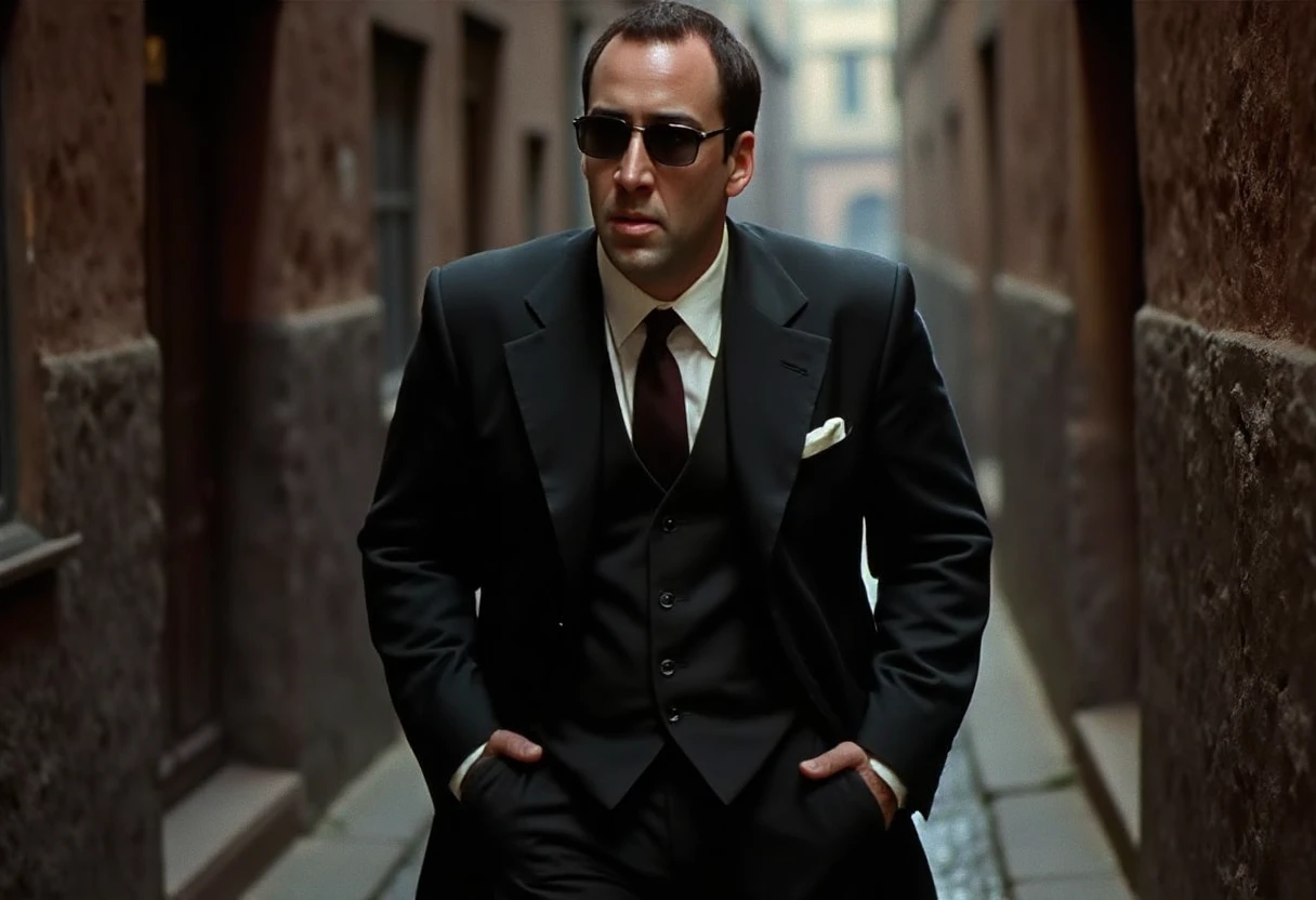 Create an image of CSTR in a sleek suit with a long coat in a neo-noir digital illustration, inspired by Nicolas Cage's charismatic style. Position CSTR confidently in a dimly lit alleyway, wearing a tailored suit and flowing coat. Capture his relaxed yet commanding posture, with one hand in his coat pocket and the other adjusting his shades. Use moody, low-key lighting to emphasize shadows and create an edgy ambiance. Incorporate deep blacks, grays, and subtle reds, with textures like smooth leather and crisp fabric. Focus sharply on CSTR, with softer shadowy backgrounds, excluding bright or overcrowded elements to enhance the noir mood.