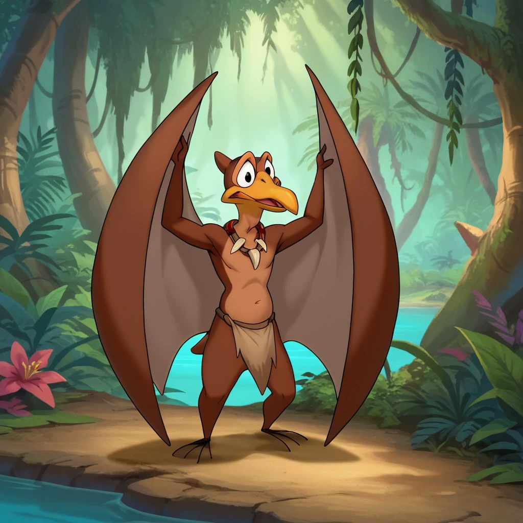 score_9, score_8_up, score_7_up, score_6_up, source_furry, Petrielbt, anthro, male, Pteranodon, brown skin, orange beak, black eyes, membranous wings, winged arms, 3 fingers, 3 toes, standing, adult anthro, in the jungle, tribal wear, <lora:5e89b741-8a69-4ac7-9218-bbfcfe38570c:0.7>