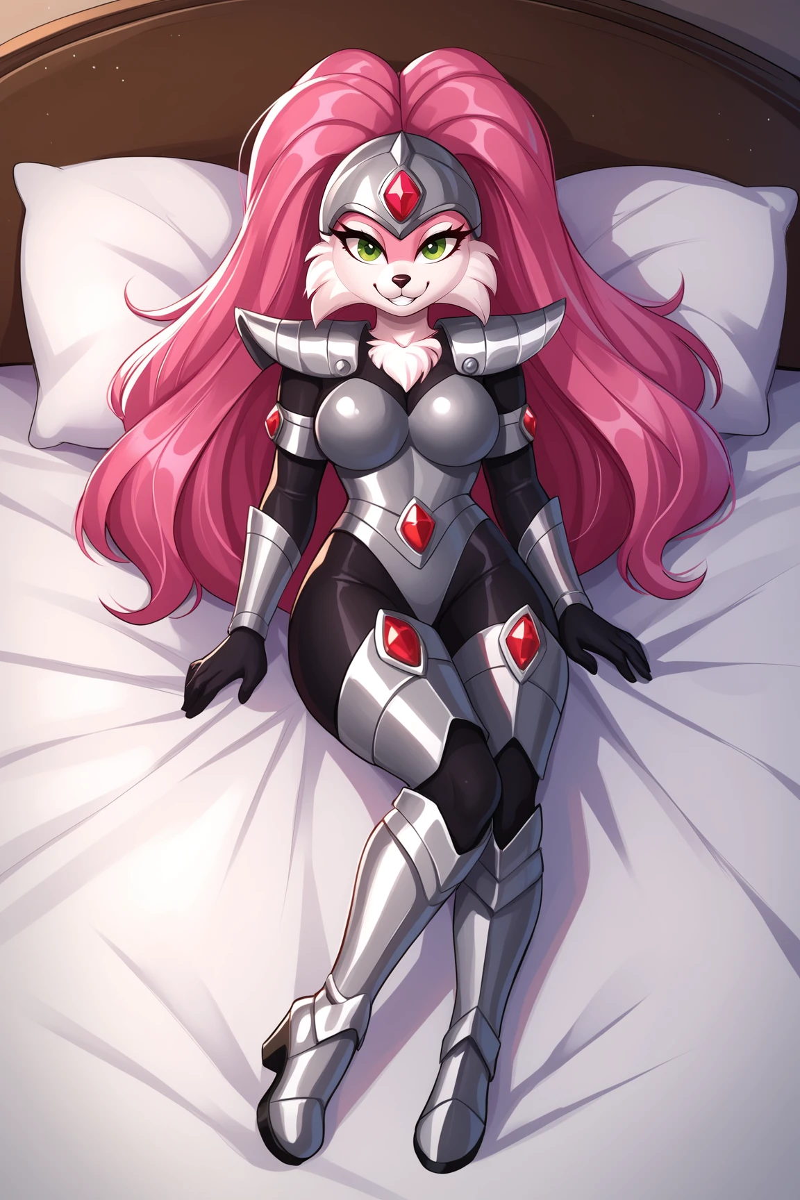 score_9, score_8_up, score_7_up, score_6_up, BREAK, JennyBOHXLv2, anthro furry, furry female, white fur, green eyes, pink hair, long hair, grey helmet, forehead red jewel, medium breasts, grey armor, red jewel, shoulder armor, black bodysuit, armlet, guantlets, black gloves, armored thigh boots, solo, full body, lying on bed, seductive smile, looking at viewer, indoors <lora:JennyBOHXLv2:0.8>